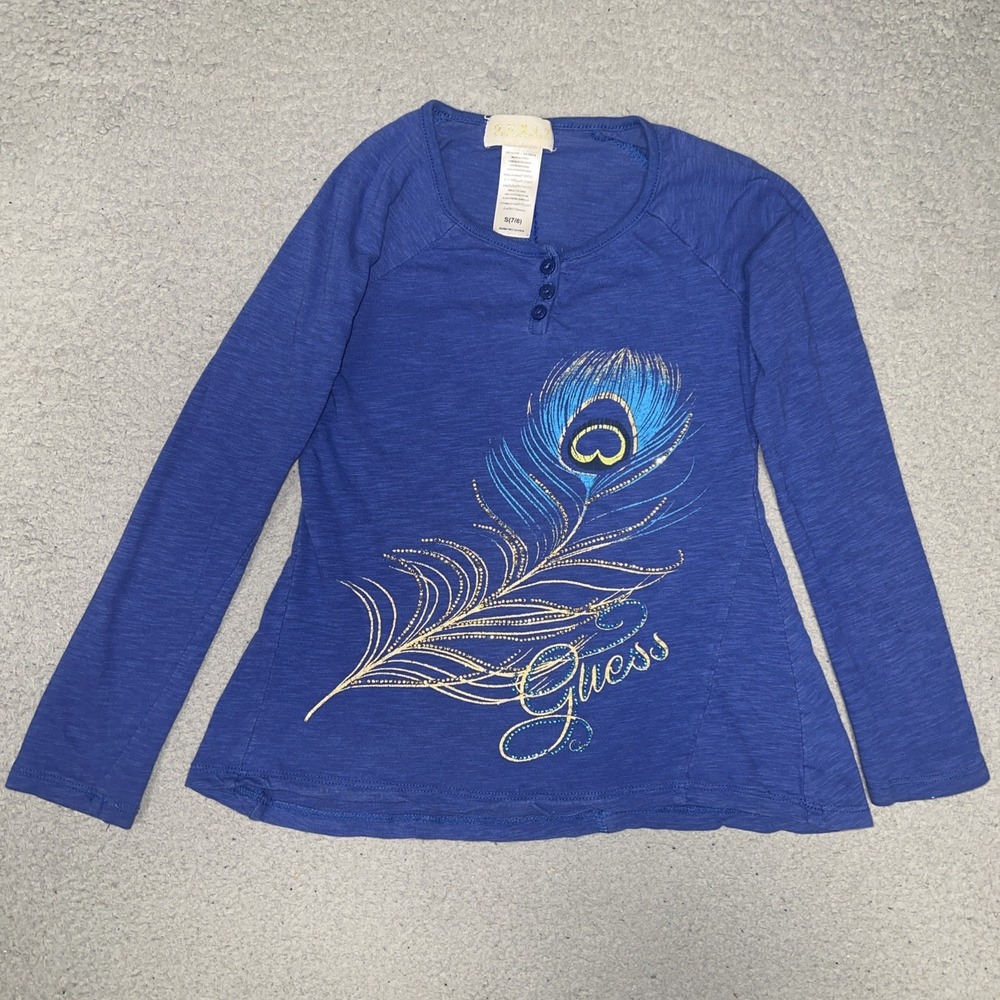 VTG Guess Shirt Youth Sz S (7/8) Blue Peacock Metallic Script Henley Long Sleeve
